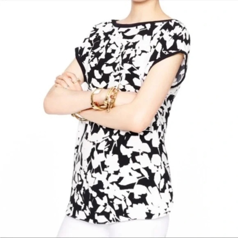 KATE SPADE • Synna Black White Leafy Floral Cap Sleeve Blouse Top - Size 0